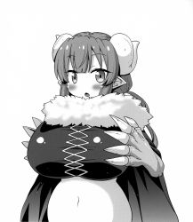 Rule 34 | 1girl, artist request, blush, grabbing another&#039;s breast, breasts, cape, grabbing, highres, horns, huge breasts, ilulu (maidragon), kobayashi-san chi no maidragon, looking at viewer, midriff, monochrome, navel, open mouth, solo