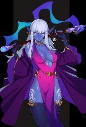 Rule 34 | 1girl, absurdres, blank eyes, blue skin, blue thighhighs, breasts, closed mouth, colored skin, commission, copyright request, distr, dress, facial mark, highres, holding, holding staff, long eyebrows, long hair, long pointy ears, looking at viewer, medium breasts, nightborne, off shoulder, pelvic curtain, pink dress, plunging neckline, pointy ears, robe, sidelocks, solo, staff, thighhighs, white hair