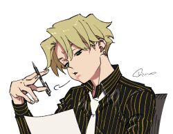 Rule 34 | 1boy, black shirt, blonde hair, cheek bulge, collared shirt, ear piercing, finn oldman, from side, frown, green eyes, hand up, head tilt, high card, holding, holding paper, holding pen, looking at object, male focus, mojisan (ebimo), necktie, paper, parted bangs, parted lips, pen, piercing, portrait, shirt, short hair, sigh, signature, simple background, solo, striped clothes, white necktie