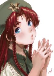 Rule 34 | 1girl, bad id, bad pixiv id, blue eyes, blush, braid, eyebrows, fingernails, fingers together, green hat, hands up, hat, hong meiling, kamiyama aya, lips, long hair, looking at viewer, nose, parted bangs, puckered lips, red hair, simple background, solo, star (symbol), steepled fingers, touhou, twin braids, upper body, vest, white background