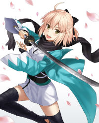 Rule 34 | 1girl, :d, ahoge, black scarf, black thighhighs, blonde hair, blush, bow, fate (series), hair bow, holding, holding sword, holding weapon, japanese clothes, katana, kimono, koha-ace, looking at viewer, npcpepper, okita souji (fate), okita souji (koha-ace), open mouth, petals, sash, scarf, shinsengumi, short hair, short kimono, simple background, smile, solo, sword, thighhighs, weapon, white background