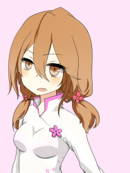 Rule 34 | 1girl, alternate hair length, alternate hairstyle, bra visible through clothes, breasts, brown eyes, brown hair, commentary request, dress, floral print, flower, hair between eyes, hair flower, hair ornament, highres, i.u.y, light blush, long hair, looking at viewer, medium breasts, misaka worst, open mouth, pink flower, purple flower, see-through, see-through dress, simple background, solo, teeth, toaru majutsu no index, toaru majutsu no index: new testament, upper body, upper teeth only, vietnamese dress, white dress