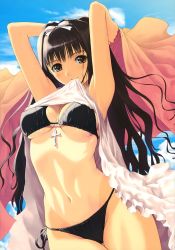 Rule 34 | 1girl, absurdres, armpits, arms up, bikini, black bikini, black hair, blue sky, blush, bow, breasts, cleavage, clothes lift, cloud, cross, cross necklace, dress, dress lift, female focus, grey eyes, groin, hair bow, hair intakes, highres, jewelry, long hair, looking at viewer, mouth hold, navel, necklace, side-tie bikini bottom, sky, smile, solo, sundress, swimsuit, swimsuit under clothes, tan, tanline, thigh gap, tony taka, towel, underboob, white dress