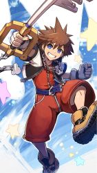 Rule 34 | 1boy, blue eyes, brown hair, fingerless gloves, gloves, highres, hood, jewelry, keyblade, kingdom hearts, kingdom hearts i, kuroi susumu, looking at viewer, male focus, necklace, nintendo, open mouth, short hair, smile, solo, sora (kingdom hearts), spiked hair, super smash bros.
