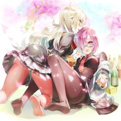 Rule 34 | 2girls, :d, ascot, barefoot, black dress, black legwear, blonde hair, bottle, box, breasts, cherry blossoms, commentary request, convenient leg, dress, fate/grand order, fate (series), feet, frilled cuffs, frilled dress, frills, glasses, hair over one eye, jacket, kneeling, leaning back, legs, long hair, looking at viewer, mash kyrielight, medium breasts, multiple girls, necktie, nemusuke, no shoes, off shoulder, olga marie animusphere, open mouth, orange eyes, outdoors, pantyhose, petals, purple eyes, purple hair, reaching, reaching towards viewer, red ascot, red legwear, red necktie, short hair, sitting, smile, soles, thighband pantyhose, toes, wavy mouth, white hair