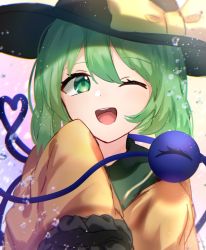 Rule 34 | 1girl, black hat, blouse, bow, collar, gradient background, green eyes, green hair, hair between eyes, hand up, hat, hat bow, highres, komeiji koishi, light, long sleeves, looking at viewer, mozuno (mozya 7), multicolored background, one-hour drawing challenge, one eye closed, open mouth, pink background, shadow, shirt, short hair, smile, solo, third eye, touhou, yellow background, yellow bow, yellow shirt, yellow sleeves
