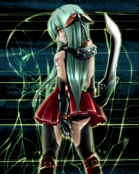 Rule 34 | 1girl, ass, bad id, bad pixiv id, black thighhighs, boots, cable, contrapposto, cyborg, from behind, glance, green hair, headgear, highres, i-la, leg belt, lips, long hair, looking at viewer, looking back, mechanical arms, original, pleated skirt, science fiction, skirt, solo, standing, sword, tank top, tattoo, thighhighs, three hole triangle, very long hair, weapon, wire, yellow eyes, zoom layer