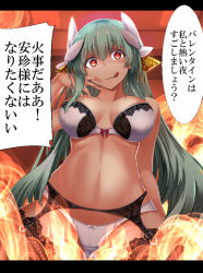 Rule 34 | 1girl, :q, bad id, bad pixiv id, black bra, black thighhighs, bow, bow bra, bow panties, bra, breasts, cleavage, closed mouth, commentary request, cowboy shot, dragon girl, dragon horns, empty eyes, fate/grand order, fate (series), fire, garter belt, garter straps, gluteal fold, green hair, hair between eyes, hair ornament, hand up, horns, indoors, kiyohime (fate), lace, lace-trimmed bra, lace-trimmed legwear, lace trim, large breasts, letterboxed, licking lips, long hair, looking at viewer, no navel, panties, red bow, red eyes, smile, solo, speech bubble, swimsuit, thighhighs, tongue, tongue out, translation request, underwear, very long hair, white bow, white bra, white panties, yandere, yuge (yuge bakuhatsu)