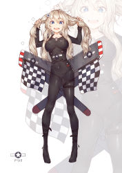 Rule 34 | 1girl, :d, ahoge, arms up, black bodysuit, blonde hair, blue eyes, blush, bodysuit, breasts, buckle, bunching hair, checkered flag, collarbone, covered navel, flag, full body, gujianshaonu, hair ornament, hairpin, highres, large breasts, legs apart, long hair, looking at viewer, mechanical wings, open mouth, original, shiny clothes, sidelocks, skin tight, skindentation, smile, solo, standing, sweat, twintails, white background, wings, zoom layer