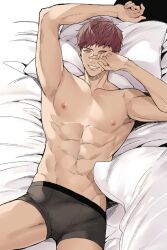 Rule 34 | 1boy, abs, arm up, armpits, bed sheet, boxer briefs, brown hair, commentary request, covering one eye, cowboy shot, grin, highres, looking at viewer, lying, male focus, male underwear, masushita, navel, nipples, on back, on bed, one eye covered, original, pillow, rubbing eyes, short hair, smile, solo, toned, toned male, underwear, underwear only, yellow eyes