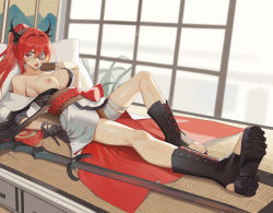 Rule 34 | 1girl, absurdres, alternate costume, arknights, bandaged leg, bandages, bare shoulders, black footwear, black gloves, black kimono, boots, breasts, cipozhong yundepeitela, collarbone, cross-laced footwear, eyepatch, food, gloves, highres, holding, holding food, horns, indoors, japanese clothes, kimono, knee boots, knee up, lace-up boots, large breasts, long hair, long sleeves, looking at viewer, lying, melting, nipples, obi, off shoulder, on back, on bed, one breast out, open clothes, open kimono, open mouth, pillow, ponytail, popsicle, purple eyes, red hair, sash, shoe soles, solo, surtr (arknights), sweat, sword, toeless footwear, tongue, tongue out, v-shaped eyebrows, weapon, white kimono, wide sleeves