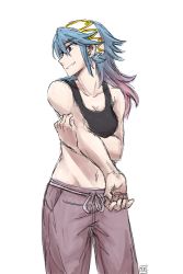 Rule 34 | 1girl, alternate costume, artist name, bare shoulders, blue hair, breasts, brown eyes, cleavage, collarbone, commentary, cowboy shot, dlanon, eyebrows, fire emblem, fire emblem fates, gradient hair, hairband, long hair, midriff, multicolored hair, navel, nintendo, outstretched arm, pants, pink hair, profile, signature, simple background, sketch, sleeveless, smile, soleil (fire emblem), solo, stretching, tank top, teeth, two-tone hair, white background