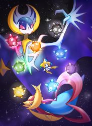 Rule 34 | :o, alternate color, black eyes, closed mouth, commentary, conmimi, creature, creatures (company), cresselia, english commentary, eye contact, floating, full body, game freak, gen 3 pokemon, gen 4 pokemon, gen 7 pokemon, jirachi, legendary pokemon, looking at another, lunala, minior, minior (blue core), minior (core), minior (green core), minior (indigo core), minior (orange core), minior (red core), minior (violet core), minior (yellow core), mythical pokemon, nintendo, no humans, pink eyes, pokemon, pokemon (creature), shiny pokemon, space, star (sky), trait connection