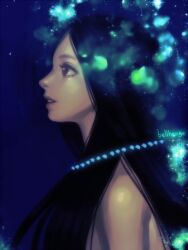Rule 34 | 1girl, artist name, bare shoulders, bellhenge, black hair, blue background, brown eyes, commentary, diamond necklace, english commentary, eyelashes, from side, implied nudity, long hair, looking at viewer, open mouth, original, pink lips, realistic, smile, space, star (sky), teeth, thick eyebrows