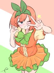 Rule 34 | 1girl, blue eyes, blush, breasts, brown background, brown shirt, collared shirt, commentary, eyebrows hidden by hair, go-toubun no hanayome, green background, green ribbon, green skirt, grin, hair ribbon, hands up, highres, kujou karasuma, looking at viewer, medium breasts, nakano yotsuba, one eye closed, orange hair, orange skirt, orange vest, ribbon, shirt, signature, skirt, smile, solo, standing, star (symbol), v over eye, vest, white background