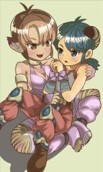Rule 34 | 1boy, 1girl, animal ears, breasts, breath of fire, breath of fire ii, brown hair, cat ears, cat tail, facial mark, foot out of frame, gloves, highres, open mouth, orange hair, pointy ears, rinpoo chuan, ryuu (breath of fire ii), shadow, short hair, sicky (pit-bull), simple background, smile, tail, white background