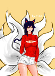 Rule 34 | 1girl, ahri (league of legends), bad id, bad pixiv id, black hair, jahaha, korean text, league of legends, looking at viewer, orange eyes, red sweater, short shorts, shorts, sweater, turtleneck