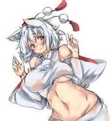 Rule 34 | 1girl, animal ears, bare shoulders, blush, breasts, closed mouth, detached sleeves, frown, groin, hat, inubashiri momiji, large breasts, long sleeves, looking at viewer, navel, one-hour drawing challenge, ototobe, pom pom (clothes), red eyes, shirt, short hair, silver hair, sleeveless, sleeveless shirt, solo, stomach, tokin hat, touhou, underboob, upper body, white shirt, wide sleeves, wolf ears