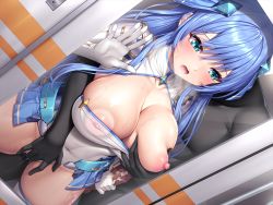 Rule 34 | 1boy, 1girl, against glass, aqua eyes, black skin, blue hair, blush, breasts, colored skin, commentary request, cum, elbow gloves, gloves, grabbing, grabbing another&#039;s breast, has bad revision, has censored revision, highres, lambda (kusowarota), large breasts, long hair, nipples, open mouth, original, penis, thighhighs, thighs, white gloves, white thighhighs