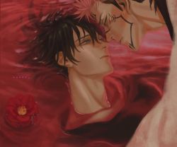 Rule 34 | 2boys, artist name, black hair, black jacket, blood, extra eyes, eye contact, face-to-face, facial tattoo, flower, fushiguro megumi, green eyes, hair between eyes, highres, imminent kiss, jacket, japanese clothes, jujutsu kaisen, kimono, looking at another, lying, male focus, marrbl, multiple boys, parted lips, partially immersed, partially submerged, pink hair, pool of blood, poppy (flower), red eyes, red flower, ryoumen sukuna (jujutsu kaisen), short hair, sideburns, spiked hair, tattoo, undercut, white kimono, yaoi