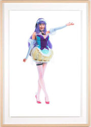 Rule 34 | 00s, 1girl, apron, asian, bare shoulders, breasts, detached sleeves, full body, high heels, large breasts, lipstick, long hair, looking at viewer, makeup, miss ko2-fluffy, murakami takashi, outstretched arm, photo (medium), puffy shorts, purple hair, red footwear, shoes, shorts, smile, solo, standing, waist apron, white legwear, wig