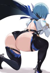 Rule 34 | 1girl, absurdres, ass, bare shoulders, blue hair, boots, breasts, cape, eula (genshin impact), from behind, genshin impact, hair ornament, highres, huge ass, jhonwikkle, large breasts, leotard, long hair, looking away, shiny clothes, shiny skin, short shorts, shorts, sideboob, solo, squatting, thick thighs, thigh boots, thighhighs, thighs