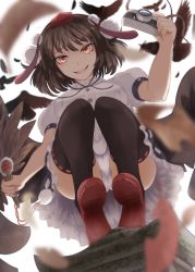 Rule 34 | 1girl, bare arms, bird, blurry, blurry background, blurry foreground, brown hair, buttons, camera, commentary request, feathers, frilled skirt, frills, from above, from below, full body, furrowed brow, geta, hand up, hat, hauchiwa, highres, holding, holding camera, kagami toufu, looking at viewer, looking down, medium hair, miniskirt, neck ribbon, open mouth, panties, pantyshot, pom pom (clothes), puffy short sleeves, puffy sleeves, red eyes, ribbon, shameimaru aya, shirt, short sleeves, skirt, smile, solo, squatting, tengu-geta, tokin hat, touhou, underwear, upskirt, white panties, white shirt, wings