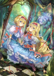 Rule 34 | 1girl, alice margatroid, alternate hairstyle, blonde hair, blue dress, blue eyes, blurry, boots, bow, capelet, checkered floor, commentary request, dress, hairband, lolita hairband, long hair, looking at viewer, mirror, petticoat, puffy short sleeves, puffy sleeves, red bow, red hairband, red neckwear, red sash, reflection, sash, shanghai doll, short hair, short sleeves, string, string of fate, touhou, very long hair, vima