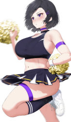 Rule 34 | 1girl, black hair, breasts, cheerleader, collarbone, highres, large breasts, mochirong, mole, mole on collarbone, mole on stomach, mole under eye, navel, original, pom pom (cheerleading), purple eyes, short hair, simple background, solo, white background