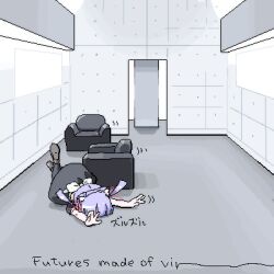 Rule 34 | 1girl, animal ears, armchair, arms up, back bow, black dress, black thighhighs, bow, cat ears, chair, commentary request, dress, english text, face down, hair ribbon, indoors, jaggy lines, jamiroquai, light purple hair, loafers, lokulo-chan (lokulo no mawashimono), lokulo no mawashimono, low twintails, lowres, lying, lyrics, motion lines, on floor, on stomach, original, parody, red ribbon, ribbon, shoes, sliding, solo, thighhighs, tripping, twintails, white bow, wide shot