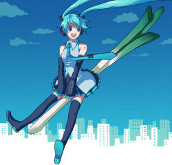 Rule 34 | 1girl, ame (conronca), aqua hair, bad id, bad pixiv id, city, cityscape, cloud, flying, hatsune miku, sky, solo, spring onion, thighhighs, twintails, vocaloid, wind