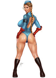 Rule 34 | 1girl, arion69, ass, ass focus, blonde hair, bodypaint, boots, braid, braided ponytail, breasts, cammy white, from behind, gloves, highres, large breasts, leotard, lipstick, long hair, makeup, ponytail, solo, street fighter, thong leotard