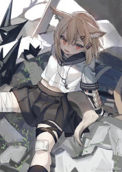 Rule 34 | 1girl, alternate costume, animal ears, arknights, arm support, black legwear, black skirt, blonde hair, blouse, fang, feet out of frame, fox ears, fox girl, fox tail, hair between eyes, hair ornament, hairclip, highres, jewelry, knee pads, looking at viewer, medium hair, midriff peek, necklace, open mouth, orange eyes, plant, pleated skirt, prosthesis, prosthetic arm, red medicine, school uniform, shirt, sitting, skirt, solo, tail, tooth necklace, twitter username, vermeil (arknights), white shirt