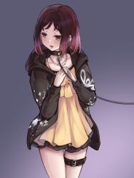 Rule 34 | 1girl, alternate hairstyle, bang dream!, bare legs, black collar, black hoodie, blue background, brown eyes, brown hair, chain, chain necklace, collar, cowboy shot, dress, earrings, embarrassed, eyelashes, fingers together, frilled dress, frills, gradient background, hazawa tsugumi, highres, hood, hood down, hoodie, jewelry, leash, lock, long sleeves, looking away, looking down, medium hair, necklace, open clothes, open hoodie, open mouth, padlock, padlocked collar, ptal, sidelocks, sketch, solo, standing, thigh gap, thigh strap, yellow dress