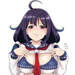 Rule 34 | 1girl, ahoge, artist name, black hair, blue sailor collar, blush, breasts, closed mouth, dated, hair flaps, kantai collection, large breasts, long hair, long sleeves, low twintails, neckerchief, red eyes, red neckerchief, sailor collar, school uniform, serafuku, signature, simple background, solo, taigei (kancolle), tk8d32, twintails, upper body, white background