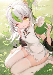 Rule 34 | 1girl, absurdres, animal, bare shoulders, bison cangshu, breasts, cleavage cutout, clothing cutout, commentary request, day, dress, green hair, grey footwear, hair between eyes, hand up, highres, holding, long hair, looking at viewer, multicolored hair, on grass, one eye closed, one side up, original, outdoors, parted lips, shawl, shoes, sitting, sleeveless, sleeveless dress, small breasts, smile, snail, solo, streaked hair, thighhighs, very long hair, wariza, white dress, white hair, white thighhighs, yellow eyes