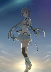 Rule 34 | 1girl, asymmetrical legwear, bare shoulders, birthday, black hair, blue sky, boots, bow, chinese commentary, commentary, dawn, detached sleeves, full body, green eyes, hair bow, hair rings, highres, leg up, long hair, looking at viewer, looking to the side, luo tianyi, necktie, parted lips, rei san39, short hair with long locks, sidelocks, skirt, sky, solo, standing, star (sky), starry sky, sunrise, thighhighs, uneven legwear, very long hair, vocaloid, vocanese