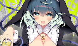 Rule 34 | 1girl, alternate costume, blush, breasts, cleavage, commentary request, cross, cross necklace, drooling, green eyes, green hair, green nails, habit, heart, heart-shaped pupils, jewelry, komeiji koishi, large breasts, looking at viewer, medium hair, necklace, nun, open mouth, sakurame, solo, symbol-shaped pupils, third eye, touhou, upper body