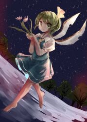 Rule 34 | absurdres, barefoot, blue skirt, blue vest, closed mouth, collared shirt, commentary request, daiyousei, fairy wings, flower, full body, green eyes, green hair, highres, holding, holding flower, ijen (ljenejl), looking at viewer, medium hair, necktie, outdoors, pink flower, puffy short sleeves, puffy sleeves, shirt, short sleeves, skirt, skirt set, touhou, tree, vest, white shirt, wings, yellow necktie