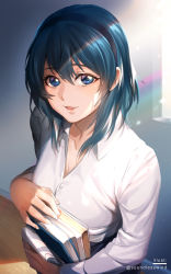 Rule 34 | 1girl, blue eyes, blue hair, blue hairband, book, breasts, byleth (female) (fire emblem), byleth (fire emblem), cleavage, collarbone, collared shirt, commentary, contemporary, dress shirt, fire emblem, fire emblem: three houses, hairband, holding, holding book, kaze-hime, light particles, light rays, long sleeves, looking at viewer, medium breasts, medium hair, nintendo, parted lips, shirt, smile, solo, standing, sunbeam, sunlight, twitter username, upper body, white shirt, wooden floor