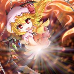 Rule 34 | 1girl, ascot, black thighhighs, blonde hair, blush, bow, fang, flandre scarlet, hat, highres, open mouth, red eyes, ribbon, short hair, side ponytail, smile, solo, sore (whirlwind), thighhighs, touhou, wall, wings, zettai ryouiki