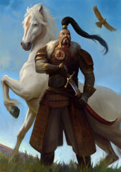 Rule 34 | 1boy, absurdres, armor, beard, bird, black hair, blue sky, commentary, english commentary, facial hair, fur trim, grass, hawk, highres, holding, holding sword, holding weapon, horse, jaghatai khan, leather armor, lightning bolt symbol, long hair, male focus, muscular, muscular male, official art, oruam, outdoors, photoshop (medium), primarch, scabbard, sheath, sky, straight-on, sword, topknot, warhammer 40k, weapon, white horse, white scars