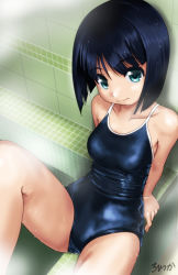 Rule 34 | 1girl, arm support, artist name, bathroom, bathtub, black hair, blue one-piece swimsuit, blue school swimsuit, blunt bangs, bob cut, collarbone, commentary request, competition school swimsuit, competition swimsuit, dot nose, feet out of frame, from above, green eyes, looking at viewer, looking up, one-piece swimsuit, original, rohitsuka, school swimsuit, shiny clothes, short hair, signature, sitting, solo, steam, swimsuit, tiles, wet