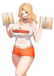 Rule 34 | 1girl, aji (sakanaaj1), bare shoulders, blonde hair, blue eyes, blush, breasts, cleavage, collarbone, cum, cum in container, cum in cup, cup, girls und panzer, highres, huge breasts, kay (girls und panzer), long hair, looking at viewer, mug, open mouth, orange shorts, parted bangs, short shorts, shorts, smile, solo, tank top, thighs, white background, white tank top