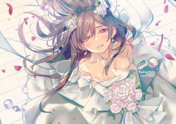 Rule 34 | 1girl, artist name, bare shoulders, bouquet, breasts, brown hair, cleavage, collarbone, commentary, dress, earrings, english commentary, flower, forehead, frilled dress, frills, gloves, hair between eyes, hair flower, hair ornament, holding, jewelry, kanojo okarishimasu, large breasts, long hair, looking at viewer, looking up, mizuhara chizuru, necklace, open mouth, parted lips, patreon username, petals, pixiv id, rose, solo, sydus, tears, teeth, wedding dress, white dress, white flower, white gloves, white rose