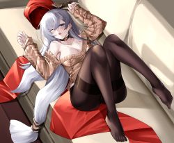 Rule 34 | 1girl, absurdres, aran sweater, azur lane, bare shoulders, belfast (azur lane), belfast (shopping with the head maid) (azur lane), beret, black choker, black pantyhose, blue eyes, breasts, brown sweater, cable knit, choker, cleavage, commentary, couch, earrings, hair between eyes, hands up, hat, highres, hoop earrings, jewelry, large breasts, long hair, long sleeves, looking at viewer, low-tied long hair, lying, no pants, no shoes, off-shoulder sweater, off shoulder, official alternate costume, on back, one eye closed, open mouth, pantyhose, red hat, silver hair, solo, sweater, thighband pantyhose, thighs, very long hair, yan lie