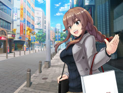 Rule 34 | 1girl, bag, black sweater, blue sky, braid, brown hair, cloud, commentary request, day, green eyes, grey jacket, jacket, kaminashi yamato, kantai collection, noshiro (kancolle), official alternate costume, open mouth, outdoors, road, shopping bag, sky, solo, sweater, swept bangs, teeth, twin braids, upper body, waving