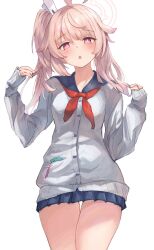 Rule 34 | 1girl, ahoge, blue archive, blue sailor collar, blue skirt, blush, bright pupils, cardigan, commentary, halo, highres, long hair, long sleeves, looking at viewer, medium hair, metsu end, natsu (blue archive), neckerchief, open mouth, pink eyes, pink hair, pleated skirt, red neckerchief, sailor collar, school uniform, serafuku, simple background, skirt, solo, thighs, white background, white cardigan, white halo, white pupils