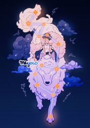 Rule 34 | 1girl, animal, artist name, barefoot, black background, black shorts, brown hair, cloud, constellation, earrings, facepaint, glowing, glowing eyes, highres, jewelry, meyoco, mononoke hime, necklace, profile, riding, san (mononoke hime), short hair, shorts, sparkle, tooth necklace, wide shot, wolf