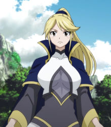 Rule 34 | 1girl, anna heartfilia, blonde hair, blue sky, breasts, brown eyes, cape, closed mouth, cloud, collarbone, determined, facing viewer, fairy tail, hair tie, high collar, high ponytail, large breasts, long hair, long sleeves, looking at viewer, outdoors, robe, screencap, serious, sky, solo, standing, tree, upper body